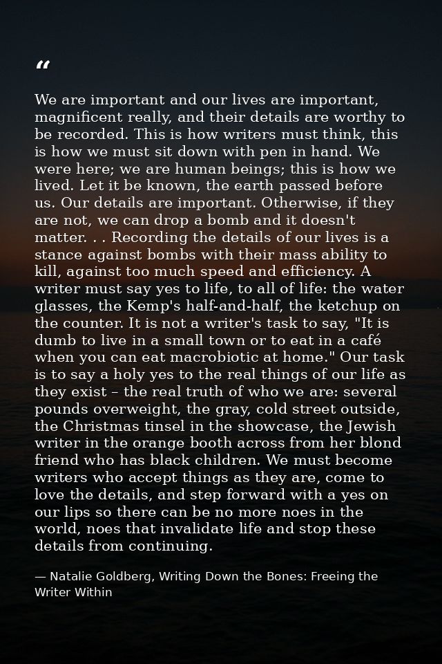 We are important and our lives are important, magnificent really, and their details are worthy to be recorded. This is h — Natalie Goldberg, Writing Down the Bones: Freeing the Writer Within