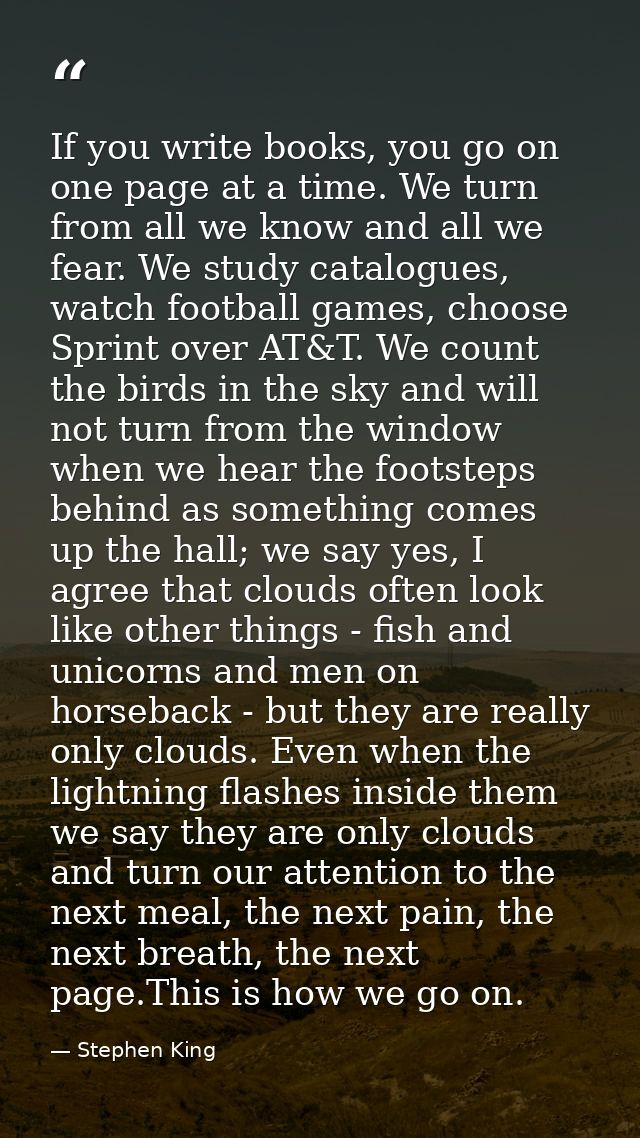 If you write books, you go on one page at a time. We turn from all we know and all we fear. We study catalogues, watch f — Stephen King