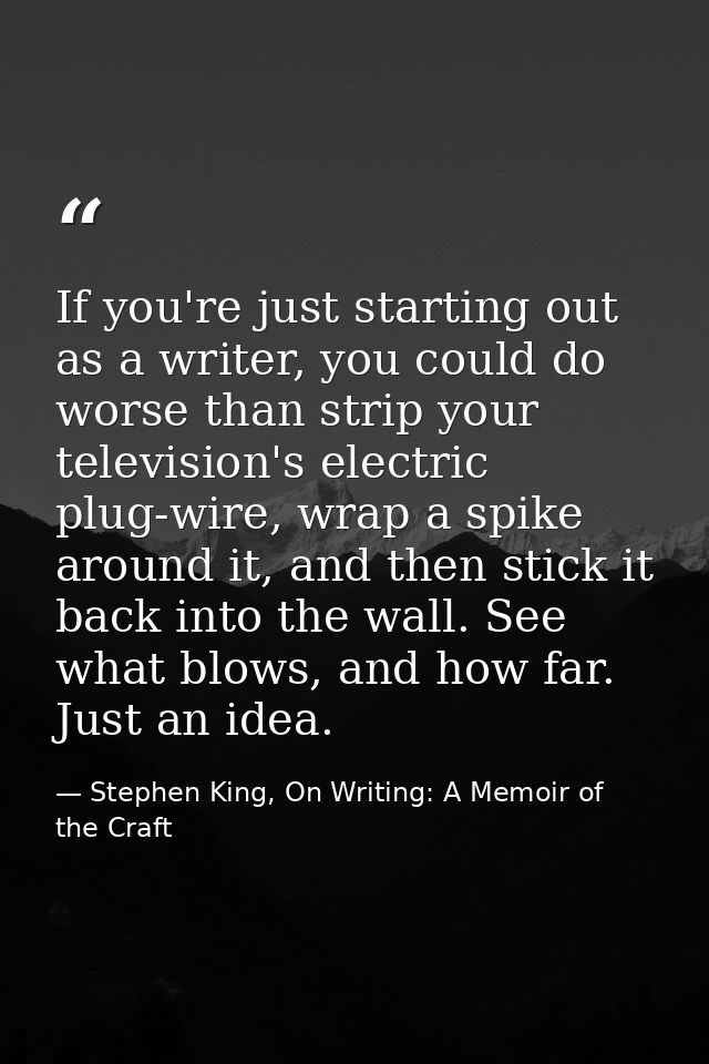 If you're just starting out as a writer, you could do worse than strip your television's electric plug-wire, wrap a spik — Stephen King, On Writing: A Memoir of the Craft