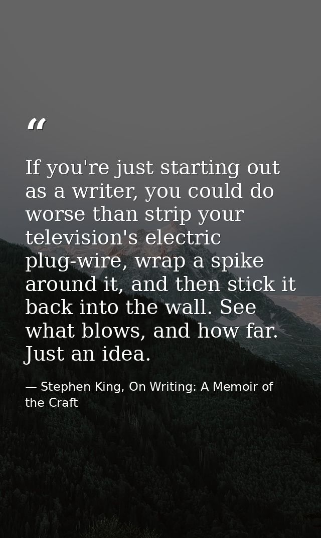 If you're just starting out as a writer, you could do worse than strip your television's electric plug-wire, wrap a spik — Stephen King, On Writing: A Memoir of the Craft