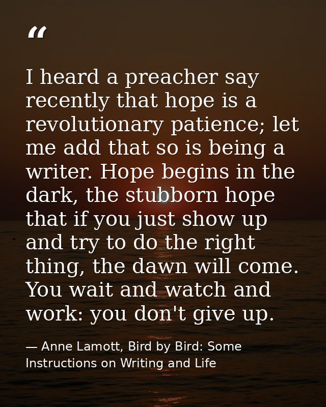 I heard a preacher say recently that hope is a revolutionary patience; let me add that so is being a writer. Hope begins — Anne Lamott, Bird by Bird: Some Instructions on Writing and Life