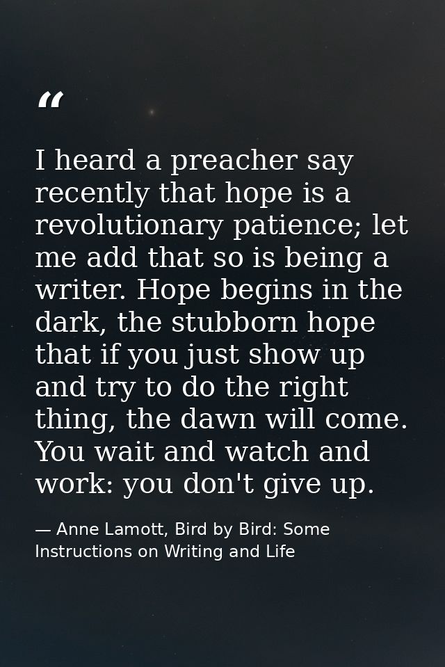 I heard a preacher say recently that hope is a revolutionary patience; let me add that so is being a writer. Hope begins — Anne Lamott, Bird by Bird: Some Instructions on Writing and Life