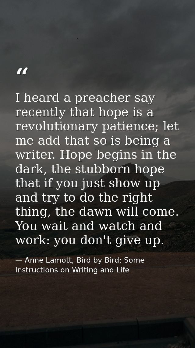 I heard a preacher say recently that hope is a revolutionary patience; let me add that so is being a writer. Hope begins — Anne Lamott, Bird by Bird: Some Instructions on Writing and Life