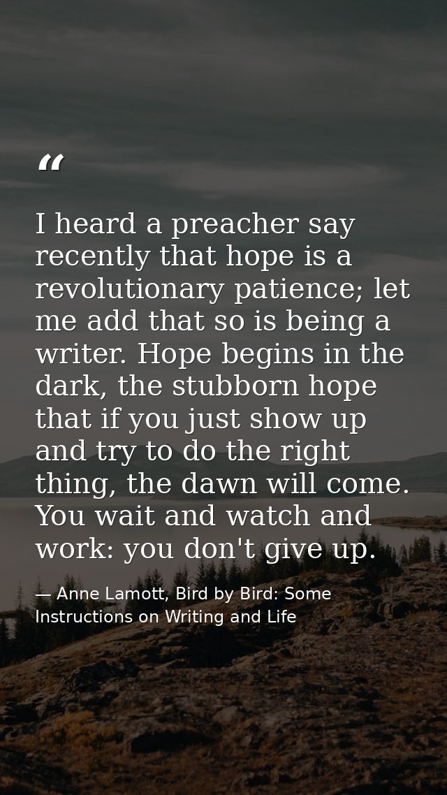 I heard a preacher say recently that hope is a revolutionary patience; let me add that so is being a writer. Hope begins — Anne Lamott, Bird by Bird: Some Instructions on Writing and Life