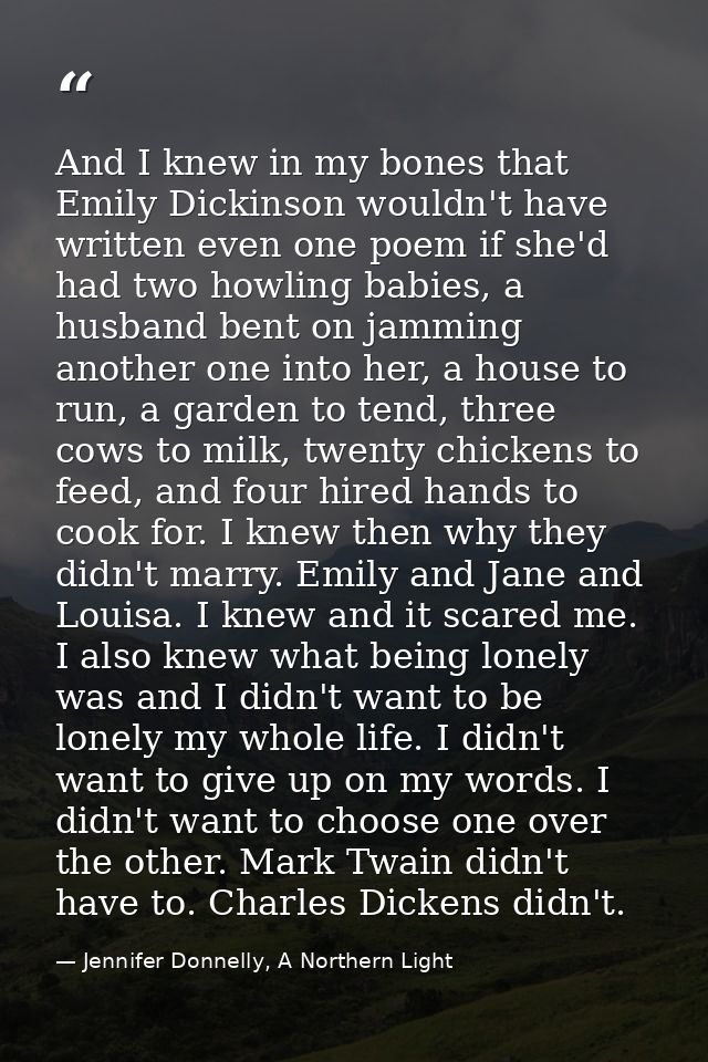 And I knew in my bones that Emily Dickinson wouldn't have written even one poem if she'd had two howling babies, a husba — Jennifer Donnelly, A Northern Light