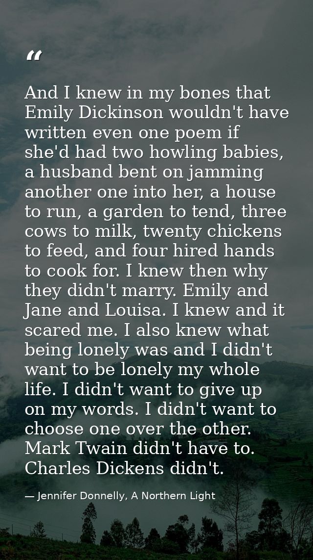 And I knew in my bones that Emily Dickinson wouldn't have written even one poem if she'd had two howling babies, a husba — Jennifer Donnelly, A Northern Light