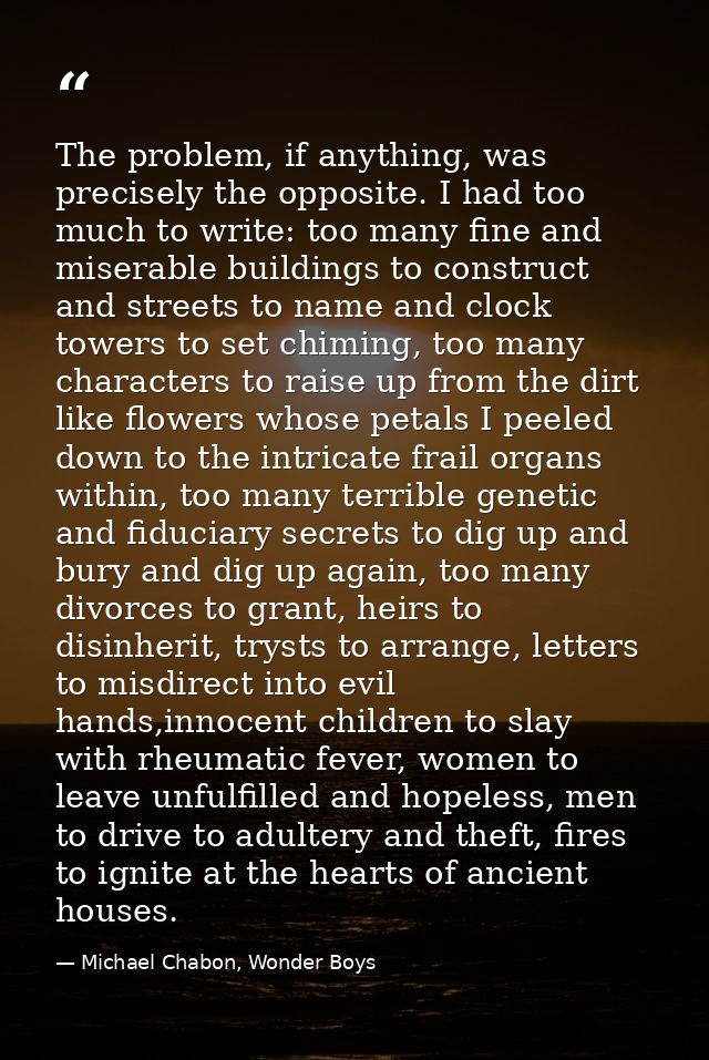 The problem, if anything, was precisely the opposite. I had too much to write: too many fine and miserable buildings to  — Michael Chabon, Wonder Boys