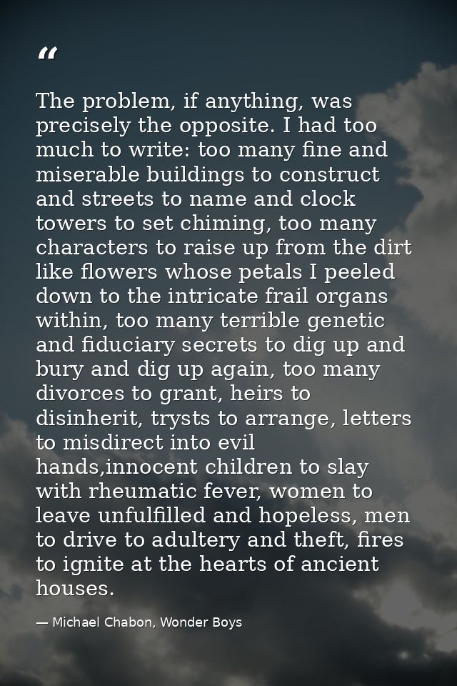 The problem, if anything, was precisely the opposite. I had too much to write: too many fine and miserable buildings to  — Michael Chabon, Wonder Boys