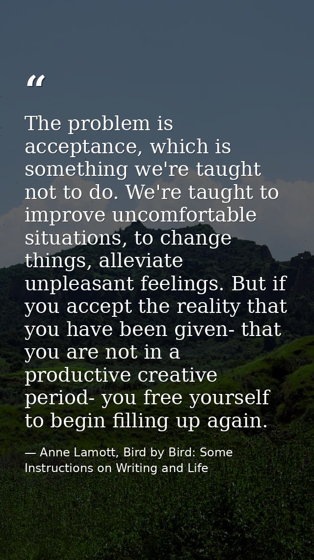 The problem is acceptance, which is something we're taught not to do. We're taught to improve uncomfortable situations,  — Anne Lamott, Bird by Bird: Some Instructions on Writing and Life