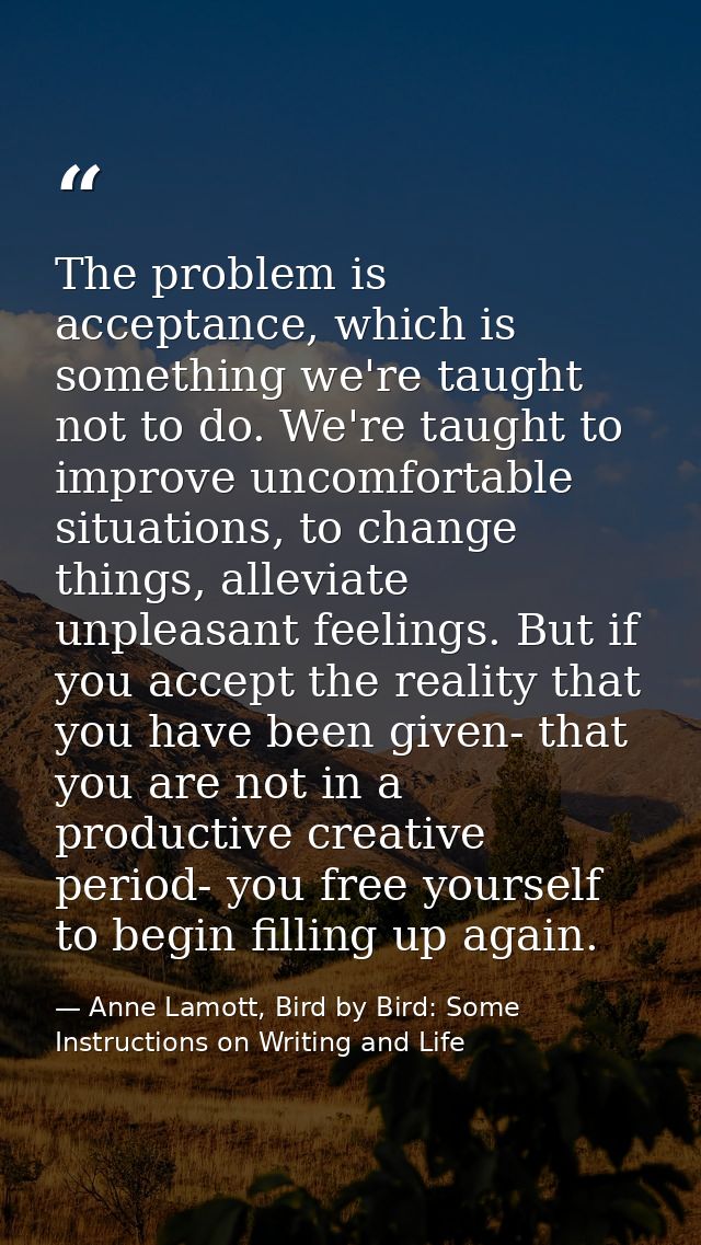 The problem is acceptance, which is something we're taught not to do. We're taught to improve uncomfortable situations,  — Anne Lamott, Bird by Bird: Some Instructions on Writing and Life