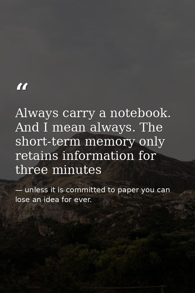 Always carry a notebook. And I mean always. The short-term memory only retains information for three minutes — unless it is committed to paper you can lose an idea for ever.