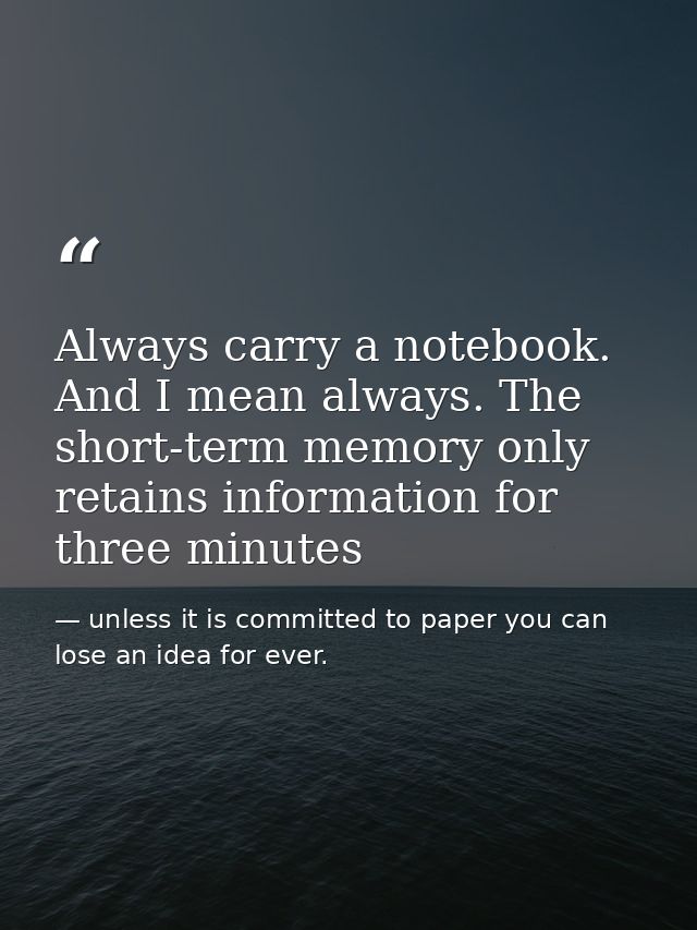 Always carry a notebook. And I mean always. The short-term memory only retains information for three minutes — unless it is committed to paper you can lose an idea for ever.