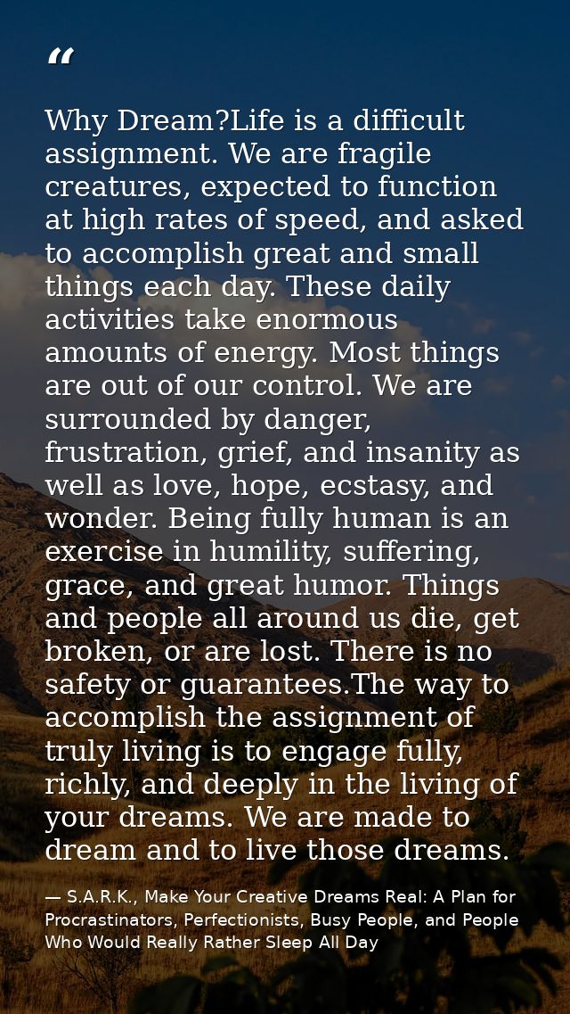 Why Dream?Life is a difficult assignment. We are fragile creatures, expected to function at high rates of speed, and ask — S.A.R.K., Make Your Creative Dreams Real: A Plan for Procrastinators, Perfectionists, Busy People, and People Who Would Really Rather Sleep All Day