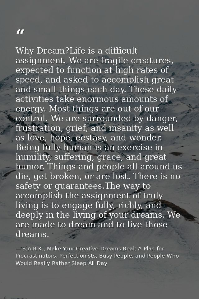 Why Dream?Life is a difficult assignment. We are fragile creatures, expected to function at high rates of speed, and ask — S.A.R.K., Make Your Creative Dreams Real: A Plan for Procrastinators, Perfectionists, Busy People, and People Who Would Really Rather Sleep All Day