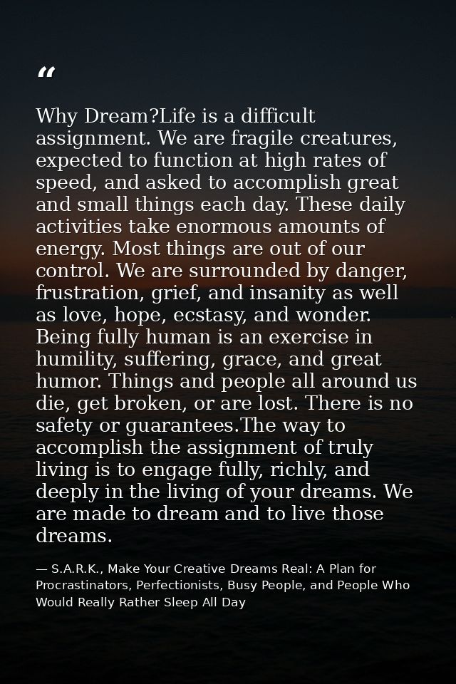 Why Dream?Life is a difficult assignment. We are fragile creatures, expected to function at high rates of speed, and ask — S.A.R.K., Make Your Creative Dreams Real: A Plan for Procrastinators, Perfectionists, Busy People, and People Who Would Really Rather Sleep All Day