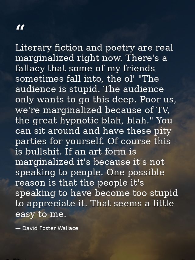 Literary fiction and poetry are real marginalized right now. There's a fallacy that some of my friends sometimes fall in — David Foster Wallace