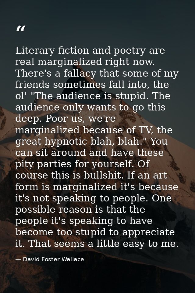 Literary fiction and poetry are real marginalized right now. There's a fallacy that some of my friends sometimes fall in — David Foster Wallace