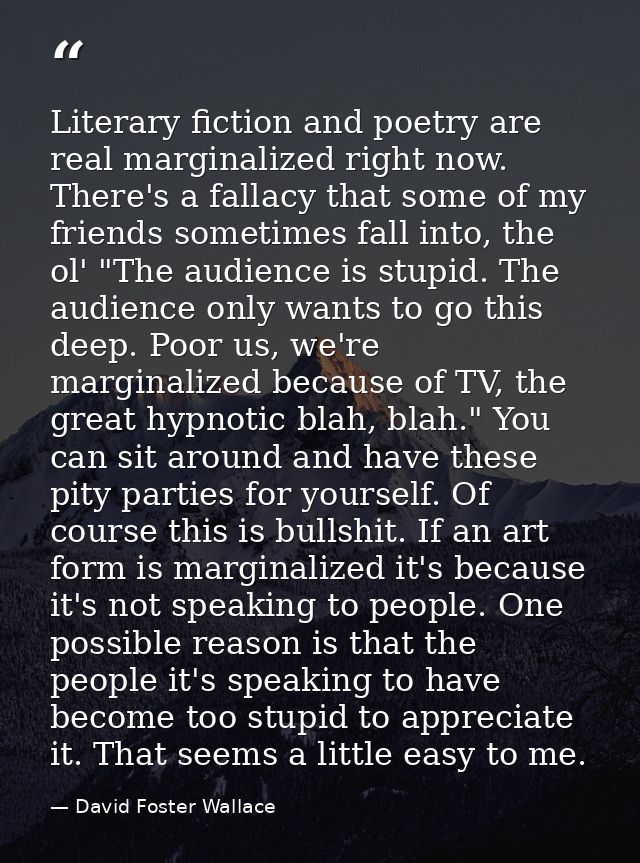 Literary fiction and poetry are real marginalized right now. There's a fallacy that some of my friends sometimes fall in — David Foster Wallace