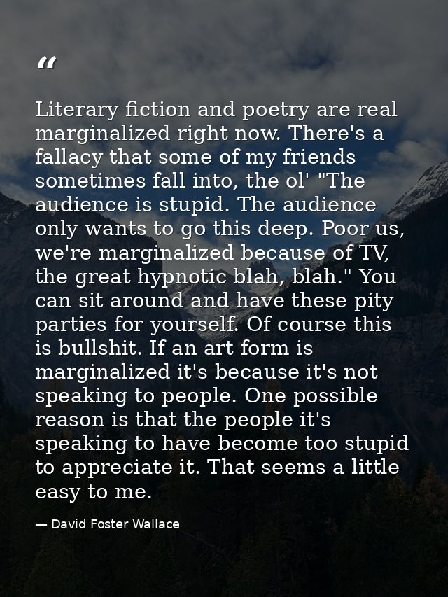 Literary fiction and poetry are real marginalized right now. There's a fallacy that some of my friends sometimes fall in — David Foster Wallace