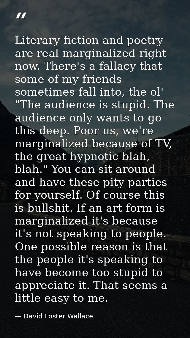 Literary fiction and poetry are real marginalized right now. There's a fallacy that some of my friends sometimes fall in — David Foster Wallace