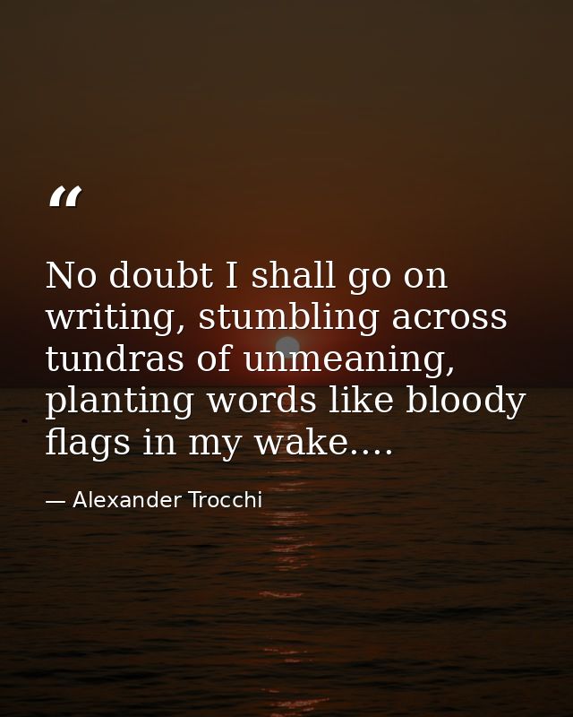 No doubt I shall go on writing, stumbling across tundras of unmeaning, planting words like bloody flags in my wake.... — Alexander Trocchi