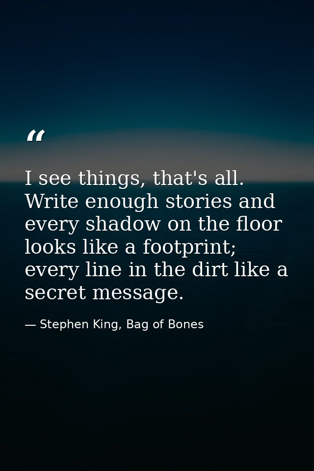 I see things, that's all. Write enough stories and every shadow on the floor looks like a footprint; every line in the d — Stephen King, Bag of Bones