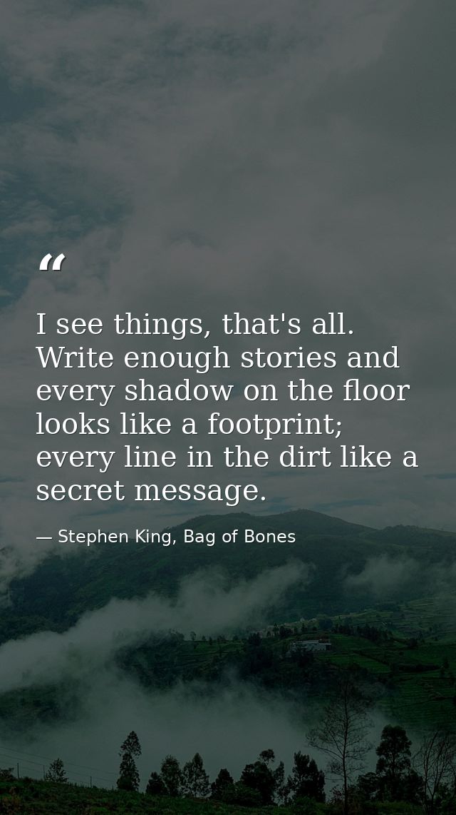 I see things, that's all. Write enough stories and every shadow on the floor looks like a footprint; every line in the d — Stephen King, Bag of Bones