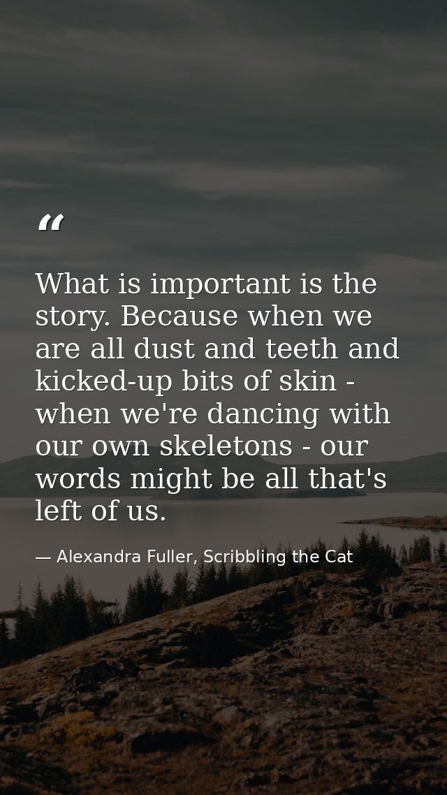 What is important is the story. Because when we are all dust and teeth and kicked-up bits of skin - when we're dancing w — Alexandra Fuller, Scribbling the Cat