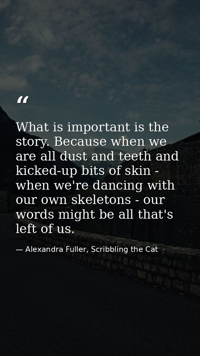 What is important is the story. Because when we are all dust and teeth and kicked-up bits of skin - when we're dancing w — Alexandra Fuller, Scribbling the Cat