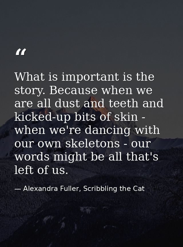 What is important is the story. Because when we are all dust and teeth and kicked-up bits of skin - when we're dancing w — Alexandra Fuller, Scribbling the Cat