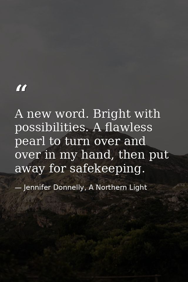 A new word. Bright with possibilities. A flawless pearl to turn over and over in my hand, then put away for safekeeping. — Jennifer Donnelly, A Northern Light