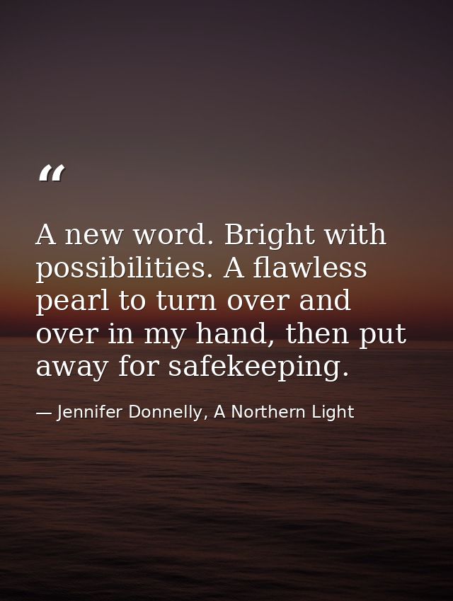 A new word. Bright with possibilities. A flawless pearl to turn over and over in my hand, then put away for safekeeping. — Jennifer Donnelly, A Northern Light