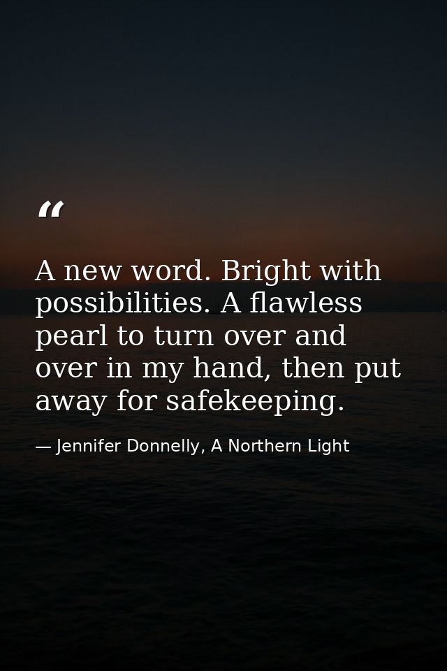 A new word. Bright with possibilities. A flawless pearl to turn over and over in my hand, then put away for safekeeping. — Jennifer Donnelly, A Northern Light
