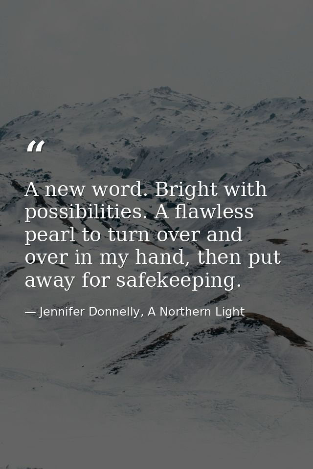 A new word. Bright with possibilities. A flawless pearl to turn over and over in my hand, then put away for safekeeping. — Jennifer Donnelly, A Northern Light