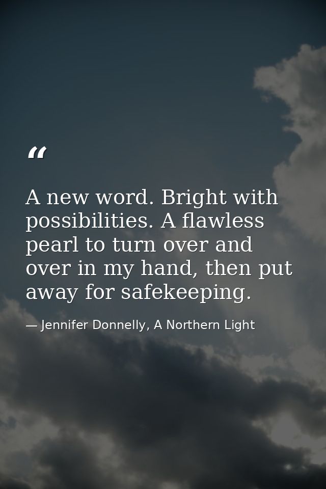 A new word. Bright with possibilities. A flawless pearl to turn over and over in my hand, then put away for safekeeping. — Jennifer Donnelly, A Northern Light