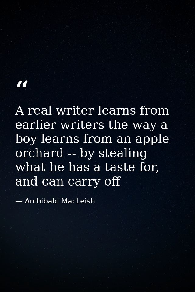 A real writer learns from earlier writers the way a boy learns from an apple orchard -- by stealing what he has a taste  — Archibald MacLeish