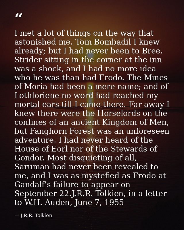 I met a lot of things on the way that astonished me. Tom Bombadil I knew already; but I had never been to Bree. Strider  — J.R.R. Tolkien