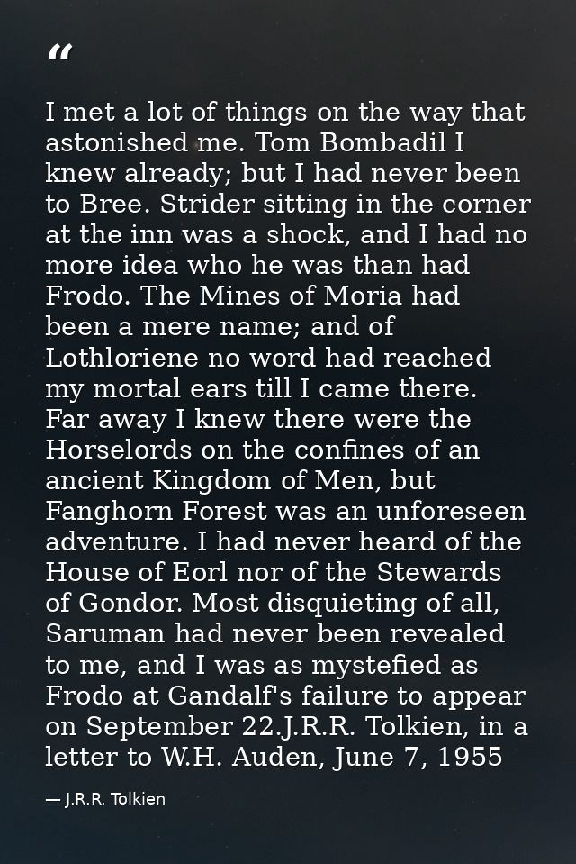 I met a lot of things on the way that astonished me. Tom Bombadil I knew already; but I had never been to Bree. Strider  — J.R.R. Tolkien
