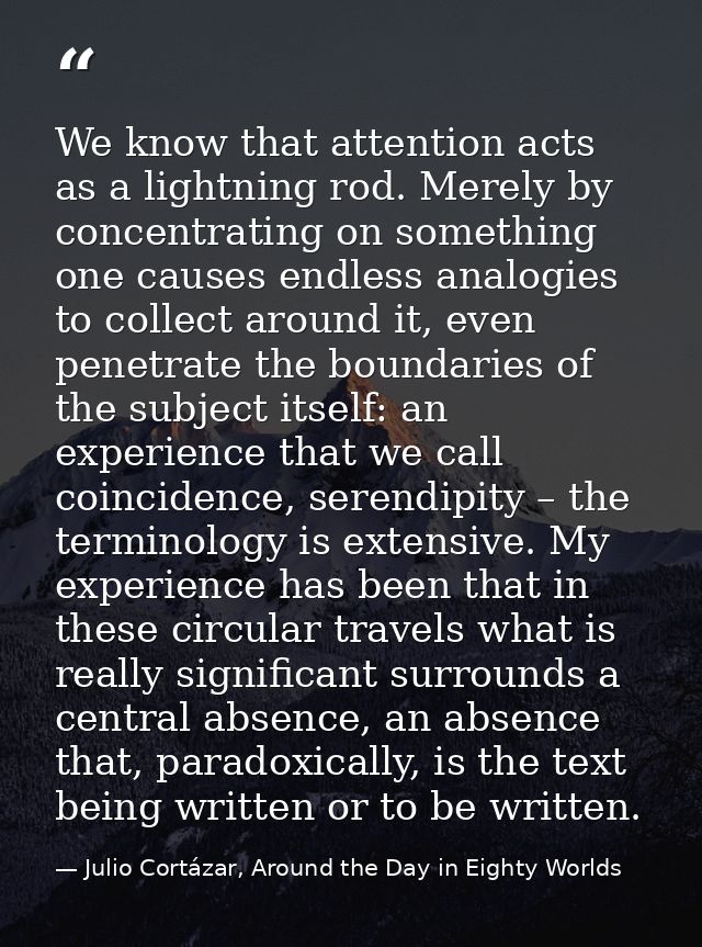 We know that attention acts as a lightning rod. Merely by concentrating on something one causes endless analogies to col — Julio Cortázar, Around the Day in Eighty Worlds