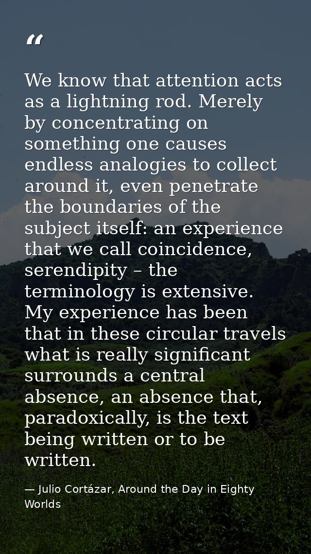 We know that attention acts as a lightning rod. Merely by concentrating on something one causes endless analogies to col — Julio Cortázar, Around the Day in Eighty Worlds