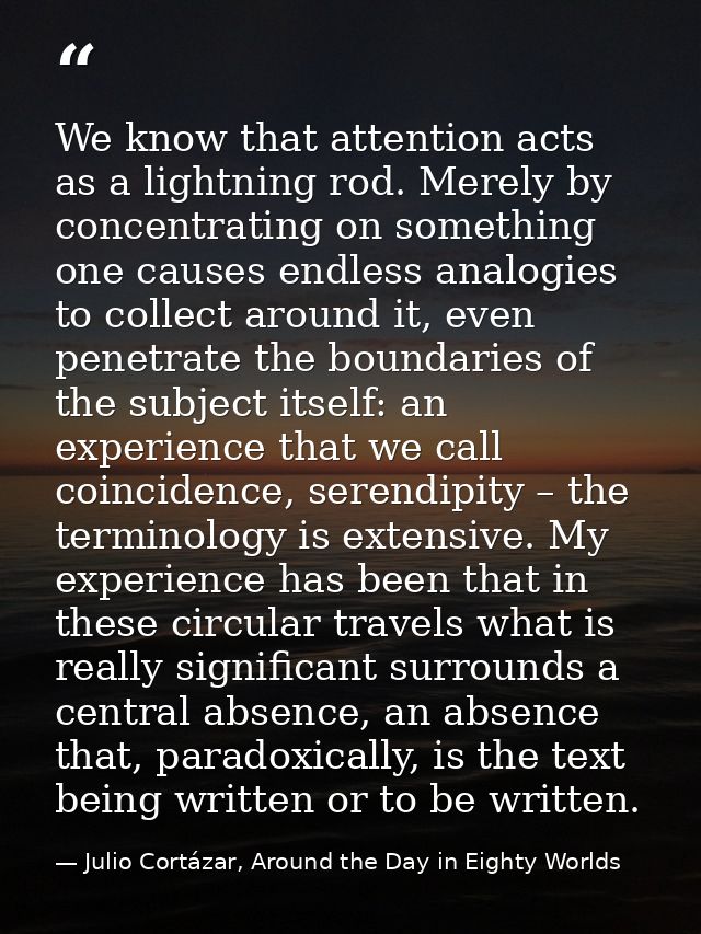 We know that attention acts as a lightning rod. Merely by concentrating on something one causes endless analogies to col — Julio Cortázar, Around the Day in Eighty Worlds
