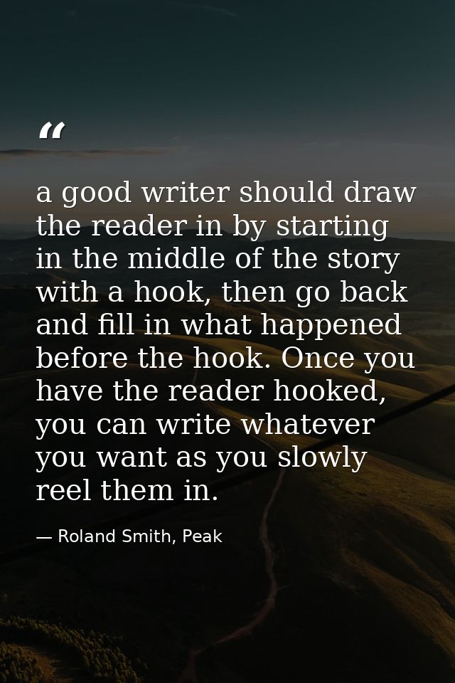 a good writer should draw the reader in by starting in the middle of the story with a hook, then go back and fill in wha — Roland Smith, Peak