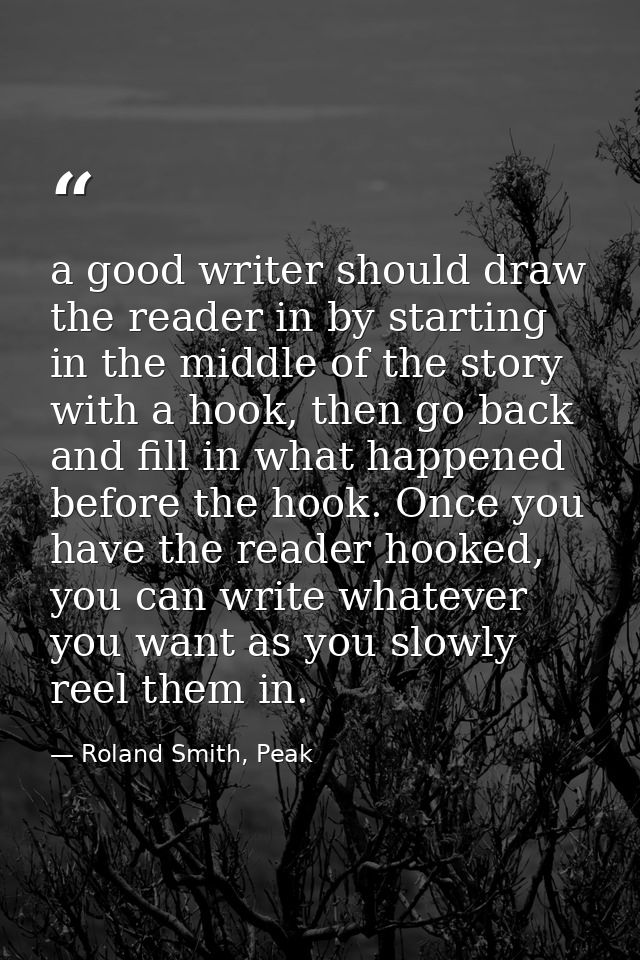 a good writer should draw the reader in by starting in the middle of the story with a hook, then go back and fill in wha — Roland Smith, Peak