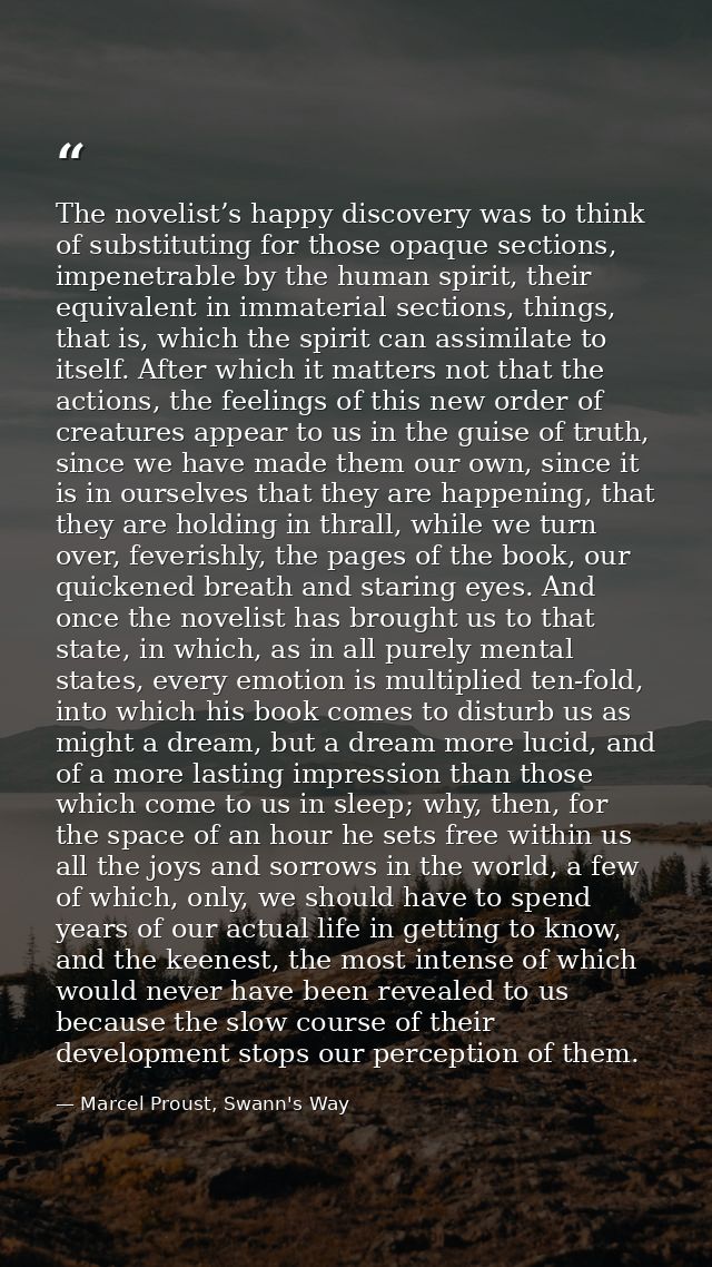 The novelist’s happy discovery was to think of substituting for those opaque sections, impenetrable by the human spirit, — Marcel Proust, Swann's Way