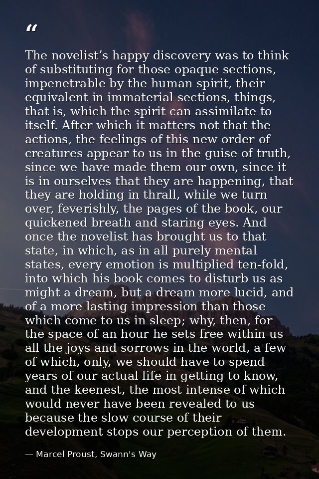 The novelist’s happy discovery was to think of substituting for those opaque sections, impenetrable by the human spirit, — Marcel Proust, Swann's Way
