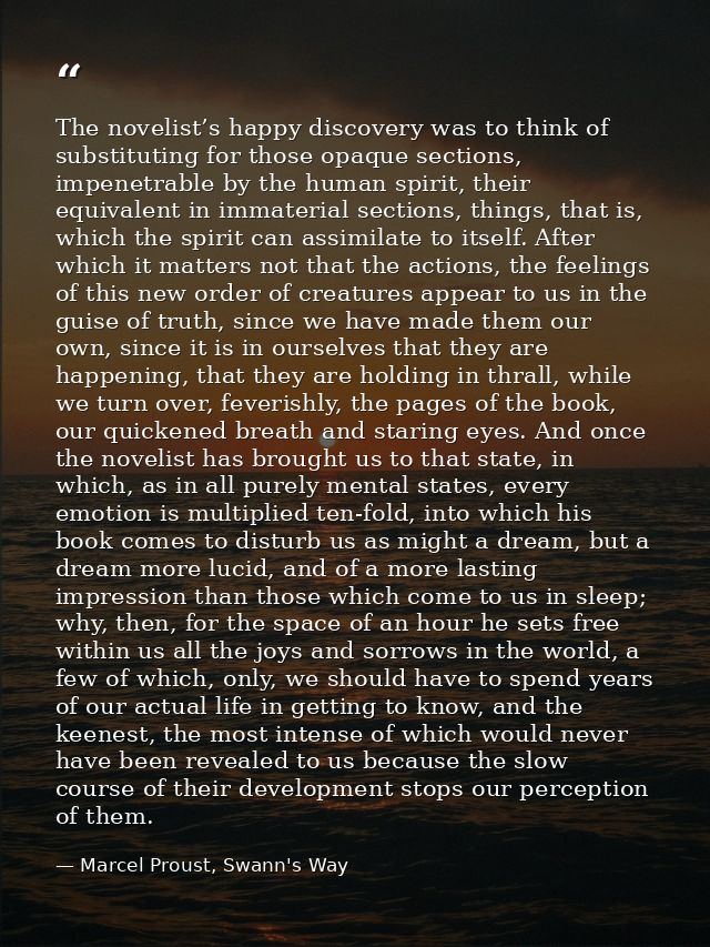 The novelist’s happy discovery was to think of substituting for those opaque sections, impenetrable by the human spirit, — Marcel Proust, Swann's Way