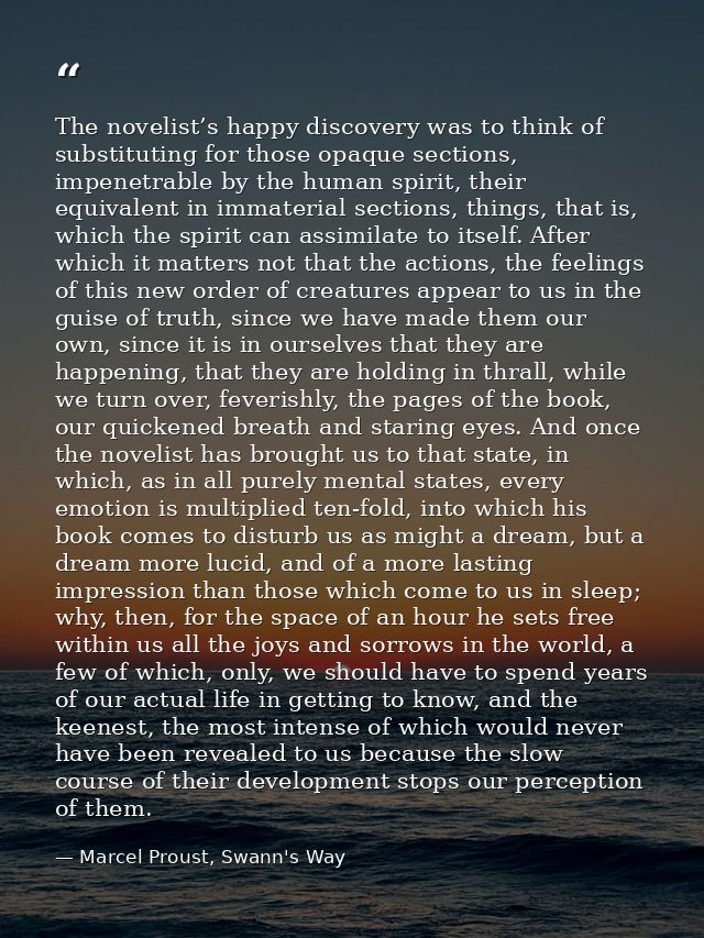 The novelist’s happy discovery was to think of substituting for those opaque sections, impenetrable by the human spirit, — Marcel Proust, Swann's Way