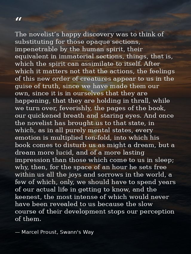 The novelist’s happy discovery was to think of substituting for those opaque sections, impenetrable by the human spirit, — Marcel Proust, Swann's Way