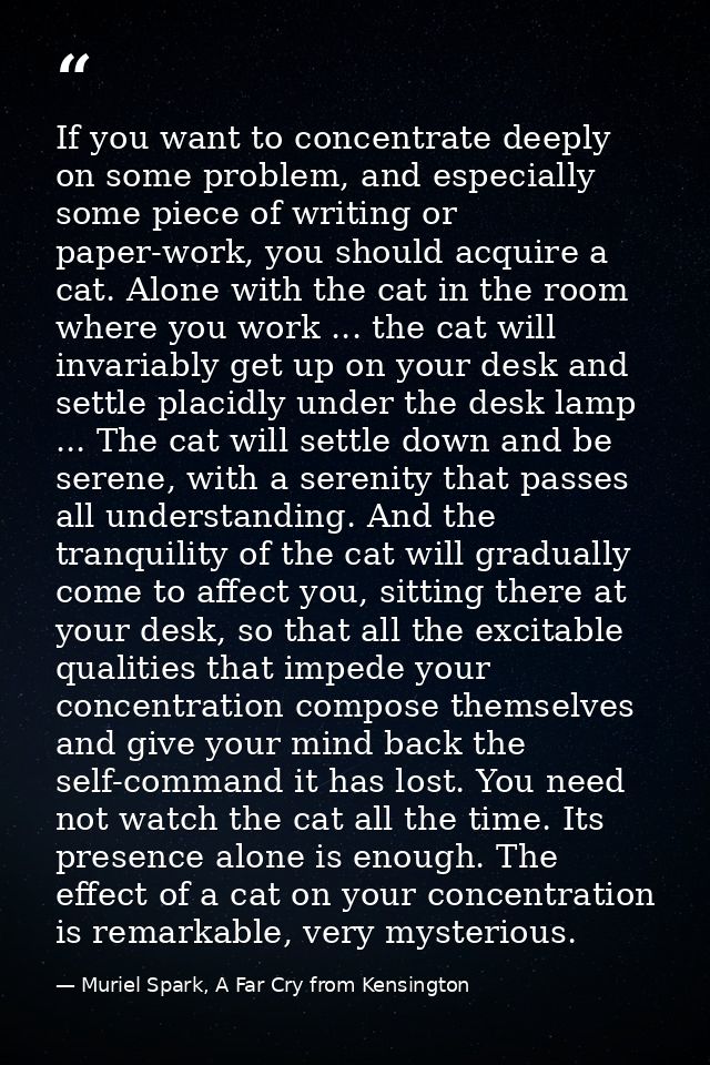 If you want to concentrate deeply on some problem, and especially some piece of writing or paper-work, you should acquir — Muriel Spark, A Far Cry from Kensington