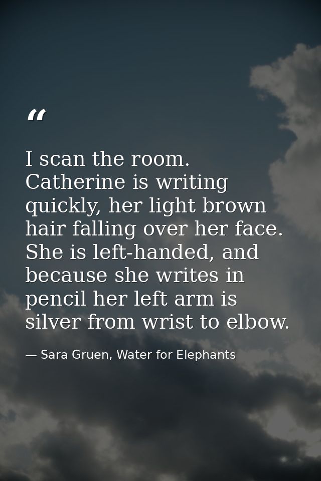 I scan the room. Catherine is writing quickly, her light brown hair falling over her face. She is left-handed, and becau — Sara Gruen, Water for Elephants
